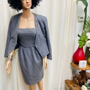 VICTOR COSTA Gray Wool Silver Studded Dress with Jacket Vintage Size 6